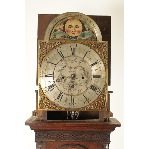 806 - JAMES METCALFE, ASKRIGG. A GEORGE III OAK LONGCASE CLOCK, the case with swan neck pediment and reede... 