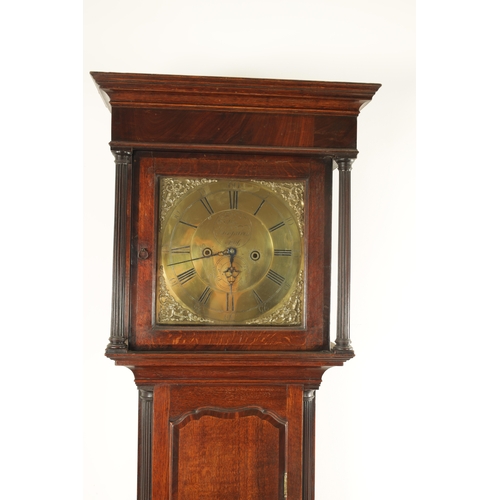 816 - THOMAS HARGRAVES, SETTLE. A GEORGE III OAK AND MAHOGANY LONGCASE CLOCK the case with reeded columns ... 