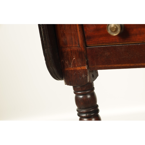 833 - A GEORGE III MAHOGANY DROP LEAF WORK TABLE fitted end drawers and raised on ring-turned tapering leg... 