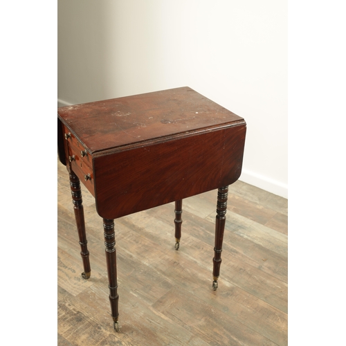 833 - A GEORGE III MAHOGANY DROP LEAF WORK TABLE fitted end drawers and raised on ring-turned tapering leg... 