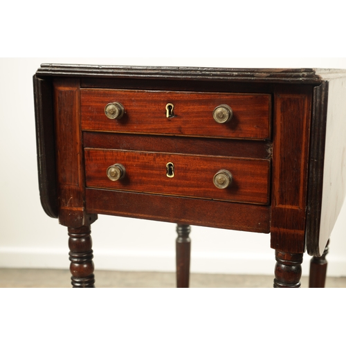 833 - A GEORGE III MAHOGANY DROP LEAF WORK TABLE fitted end drawers and raised on ring-turned tapering leg... 