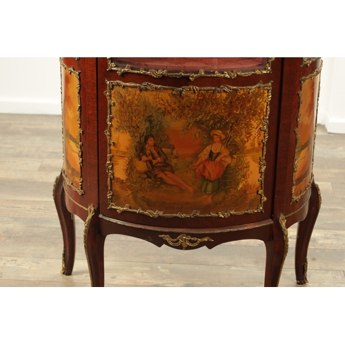 837 - A 20TH CENTURY FRENCH VERNIS MARTIN STYLE GILT METAL MOUNTED MAHOGANY VITRINE of bowed outline with ... 