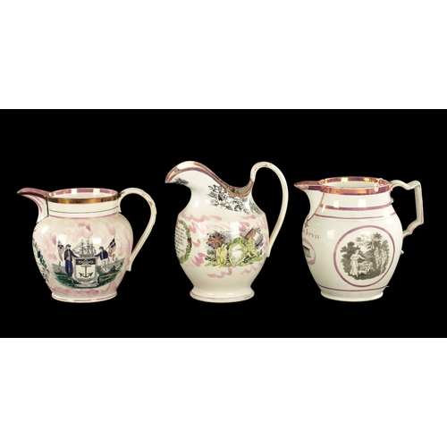 207 - A MID 19TH CENTURY SUNDERLAND MUSTARD JUG FOR COMMEMORATING CRIMEA together with two other jugs (22c... 