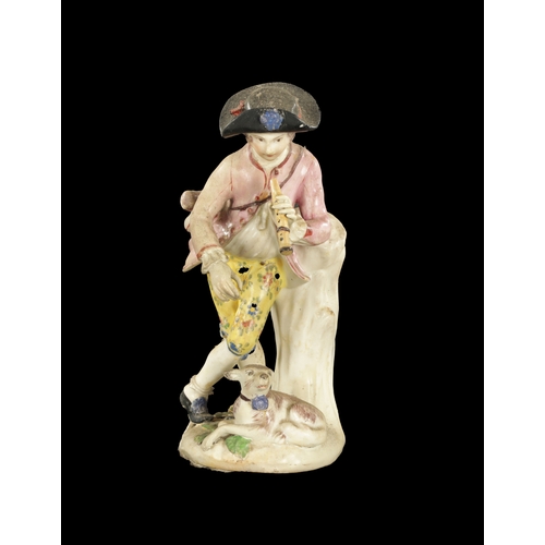 315 - A MID 18TH CENTURY BOW PORCELAIN PIPING SHEPHERD AND DOG (15cm high)