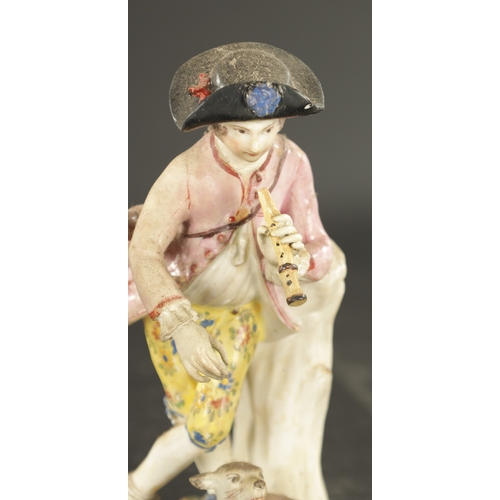 315 - A MID 18TH CENTURY BOW PORCELAIN PIPING SHEPHERD AND DOG (15cm high)