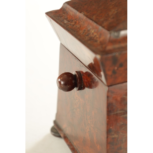 735 - AN EARLY 19TH CENTURY REGENCY BURR YEW-WOOD SARCOPHAGUS SHAPED TEA-CADDY with fitted interior