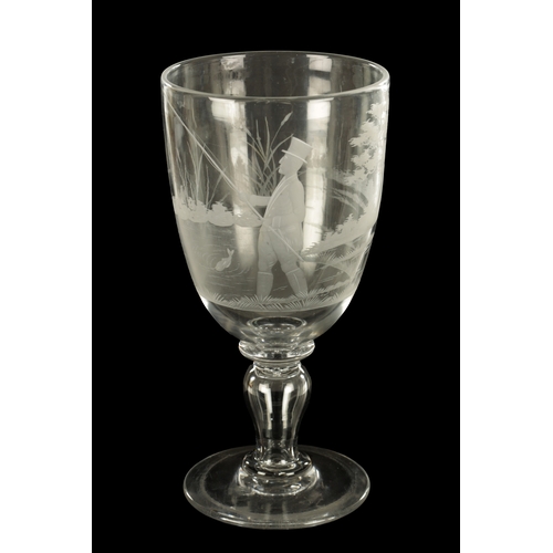 1 - A LATE GEORGIAN GIANT GLASS GOBLET with finely engraved angling and landscape scene on a ringed inve... 