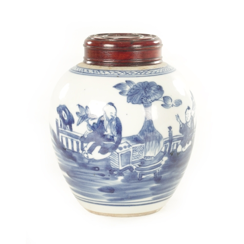 106 - AN EARLY CHINESE BLUE AND WHITE GINGER JAR WITH LATER HARDWOOD COVER of ovoid form, the body decorat... 