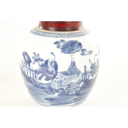 106 - AN EARLY CHINESE BLUE AND WHITE GINGER JAR WITH LATER HARDWOOD COVER of ovoid form, the body decorat... 