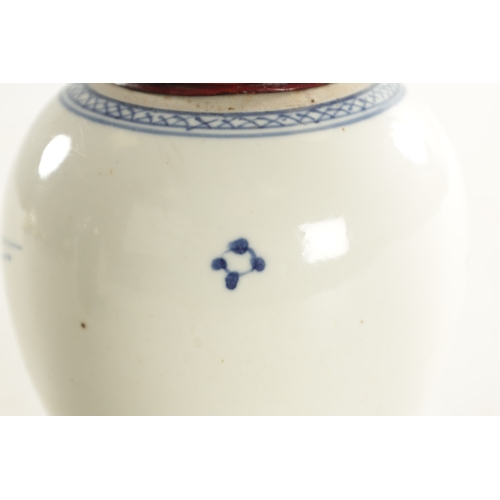 106 - AN EARLY CHINESE BLUE AND WHITE GINGER JAR WITH LATER HARDWOOD COVER of ovoid form, the body decorat... 