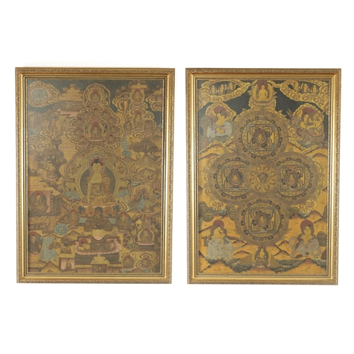 116 - A PAIR OF 19TH CENTURY POLYCHROME FABRIC TIBETAN THANGKA depicting Vishnu and attending deity figure... 