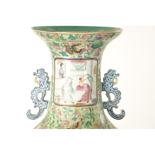 120 - AN IMPRESSIVE PAIR OF 19TH CENTURY CANTONESE CELADON GROUND AND FAMILLE ROSE HALL VASES ON LATE REGE... 