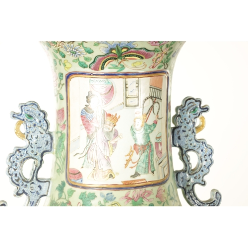 120 - AN IMPRESSIVE PAIR OF 19TH CENTURY CANTONESE CELADON GROUND AND FAMILLE ROSE HALL VASES ON LATE REGE... 