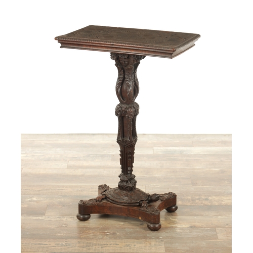 123 - A 19TH CENTURY CARVED HARDWOOD ANGLO INDIAN OCCASIONAL TABLE with a geometric carved top above a lea... 