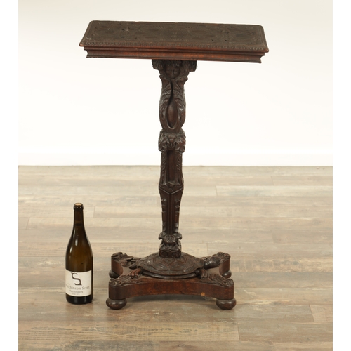 123 - A 19TH CENTURY CARVED HARDWOOD ANGLO INDIAN OCCASIONAL TABLE with a geometric carved top above a lea... 