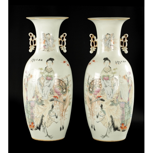 124 - A PAIR OF 19TH CENTURY CHINESE SLENDER OVOID TWO-HANDLED VASES OF LARGE SIZE with inscribed script t... 