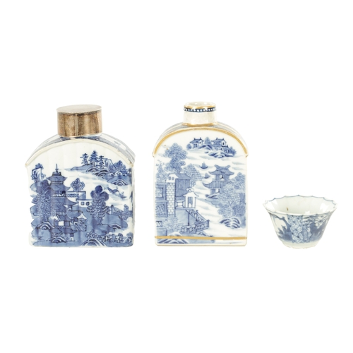 128 - TWO 19TH CENTURY CHINESE BLUE AND WHITE TEA CADDIES AND A SAKE CUP of flattened rectangular arched d... 