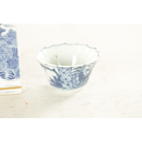 128 - TWO 19TH CENTURY CHINESE BLUE AND WHITE TEA CADDIES AND A SAKE CUP of flattened rectangular arched d... 