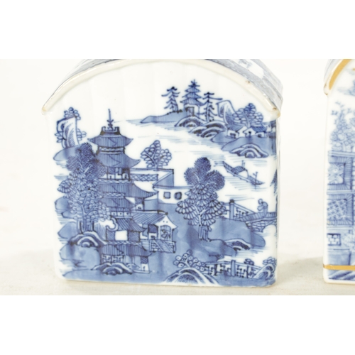 128 - TWO 19TH CENTURY CHINESE BLUE AND WHITE TEA CADDIES AND A SAKE CUP of flattened rectangular arched d... 