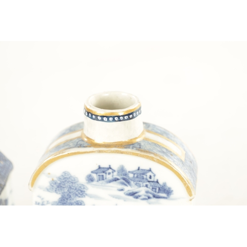 128 - TWO 19TH CENTURY CHINESE BLUE AND WHITE TEA CADDIES AND A SAKE CUP of flattened rectangular arched d... 