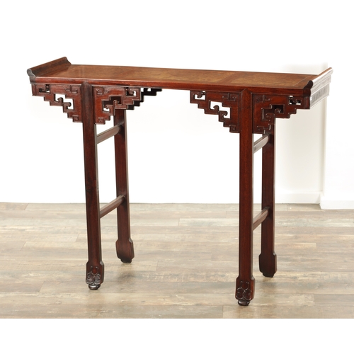 130 - A GOOD 19TH CENTURY CHINESE HARDWOOD ALTAR TABLE of original colour and finish, the burr panelled to... 