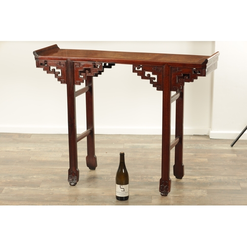 130 - A GOOD 19TH CENTURY CHINESE HARDWOOD ALTAR TABLE of original colour and finish, the burr panelled to... 