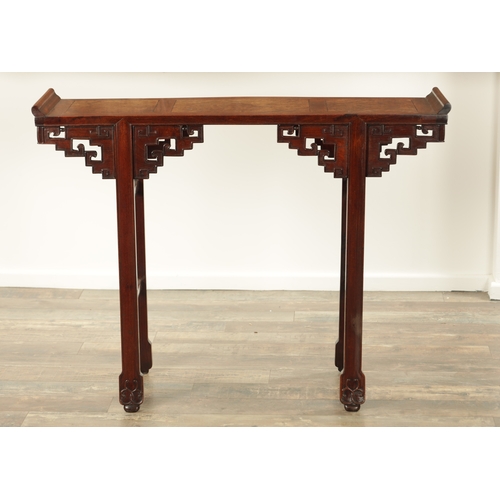 130 - A GOOD 19TH CENTURY CHINESE HARDWOOD ALTAR TABLE of original colour and finish, the burr panelled to... 