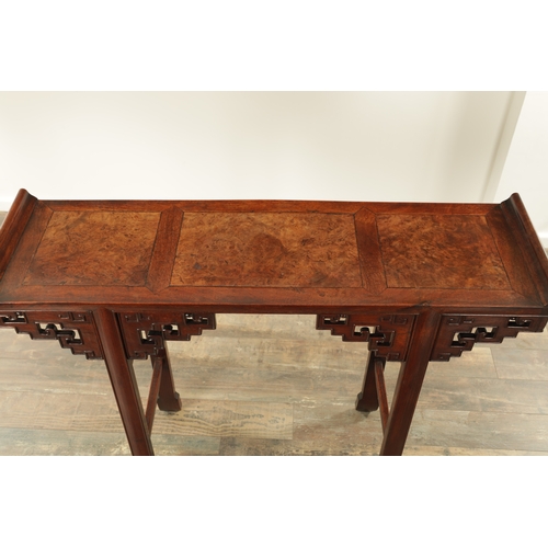 130 - A GOOD 19TH CENTURY CHINESE HARDWOOD ALTAR TABLE of original colour and finish, the burr panelled to... 