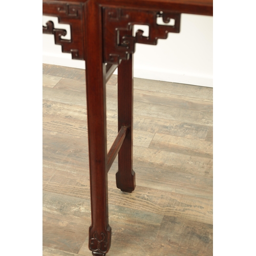 130 - A GOOD 19TH CENTURY CHINESE HARDWOOD ALTAR TABLE of original colour and finish, the burr panelled to... 