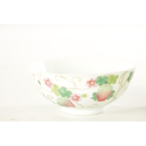 132 - A 19TH CENTURY CHINESE FAMILLE ROSE STRAWBERRY PATTERN PORCELAIN BOWL with Chinese script to the bod... 