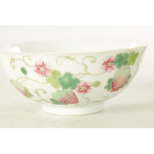 132 - A 19TH CENTURY CHINESE FAMILLE ROSE STRAWBERRY PATTERN PORCELAIN BOWL with Chinese script to the bod... 