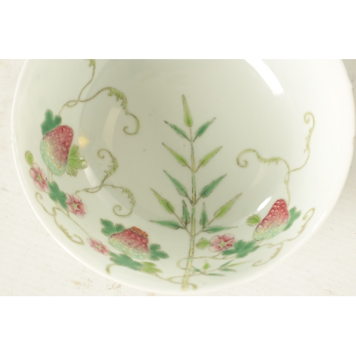 132 - A 19TH CENTURY CHINESE FAMILLE ROSE STRAWBERRY PATTERN PORCELAIN BOWL with Chinese script to the bod... 