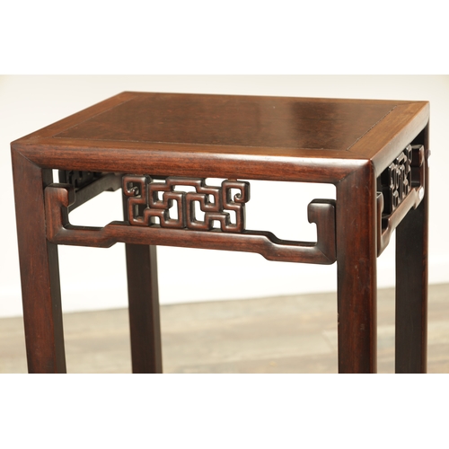 146 - A LATE 19TH CENTURY CHINESE HARDWOOD JARDINIERE STAND with burr top above an openwork frieze and rai... 