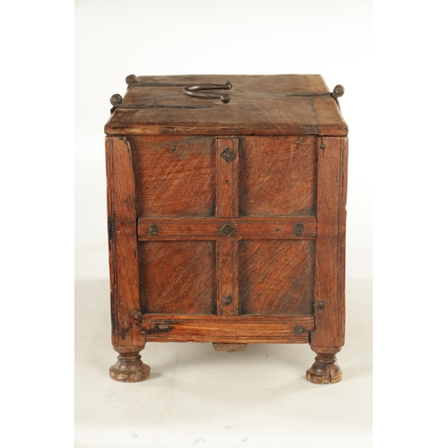 151 - AN 18TH CENTURY FRUITWOOD IRON MOUNTED INDIAN CASKET with strap hinges and panelled front; raised on... 