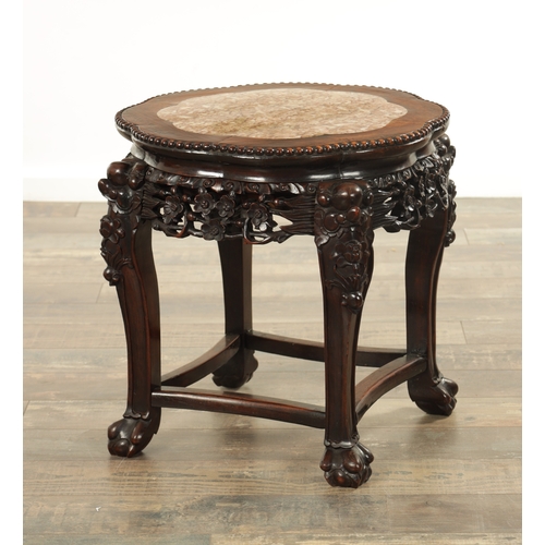 159 - A 19TH CENTURY HARDWOOD CHINESE JARDINIERE STAND with shaped inset marble top above a pierced leaf c... 