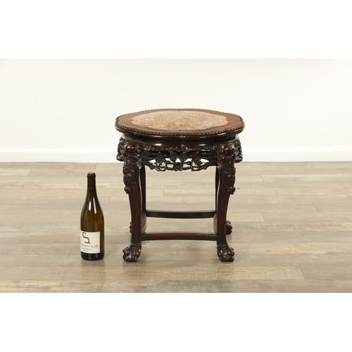 159 - A 19TH CENTURY HARDWOOD CHINESE JARDINIERE STAND with shaped inset marble top above a pierced leaf c... 