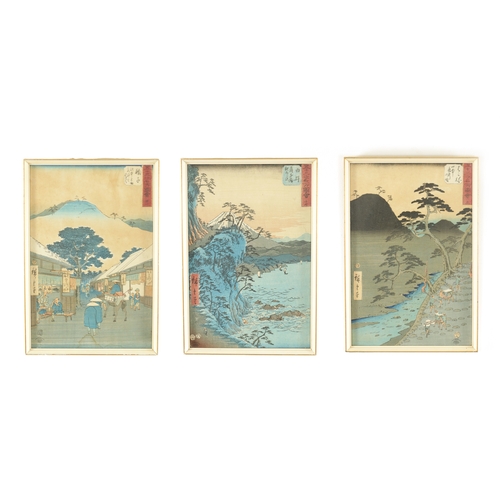 164 - A SET OF THREE JAPANESE MEIJI PERIOD WATERCOLOURS ON SILK depicting Mount Fuji and figural landscape... 