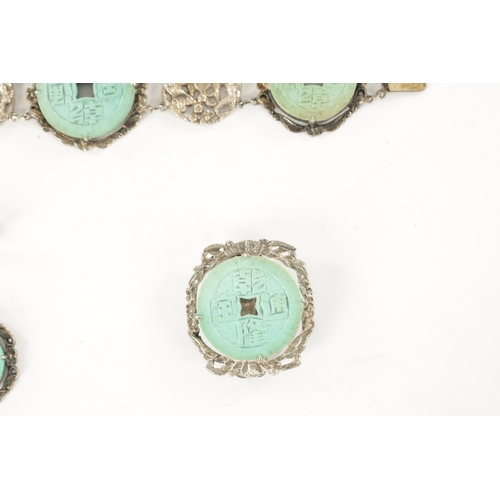 169 - A CHINESE SILVER AND FAUX HARDSTONE SET BRACELET, BROOCH AND PAIR OF EARRINGS with alternate silver ... 