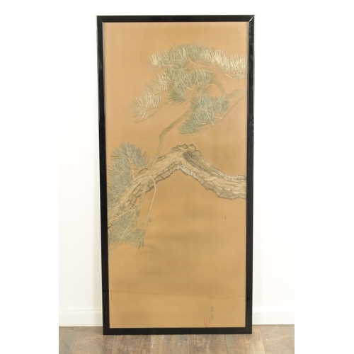 180 - A LATE 19TH CENTURY JAPANESE SILKWORK PICTURE FORMED AS THREE PANELS embroidered in cushioned colour... 