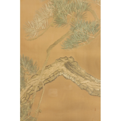 180 - A LATE 19TH CENTURY JAPANESE SILKWORK PICTURE FORMED AS THREE PANELS embroidered in cushioned colour... 