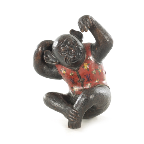 185 - A 19TH CENTURY CHINESE BRONZE AND CLOISONNE SCULPTURE OF A MONKEY with floral inlaid enamel body (38... 