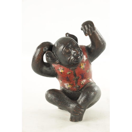 185 - A 19TH CENTURY CHINESE BRONZE AND CLOISONNE SCULPTURE OF A MONKEY with floral inlaid enamel body (38... 