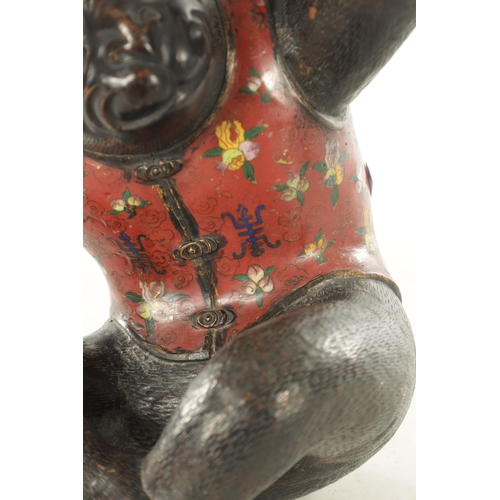 185 - A 19TH CENTURY CHINESE BRONZE AND CLOISONNE SCULPTURE OF A MONKEY with floral inlaid enamel body (38... 