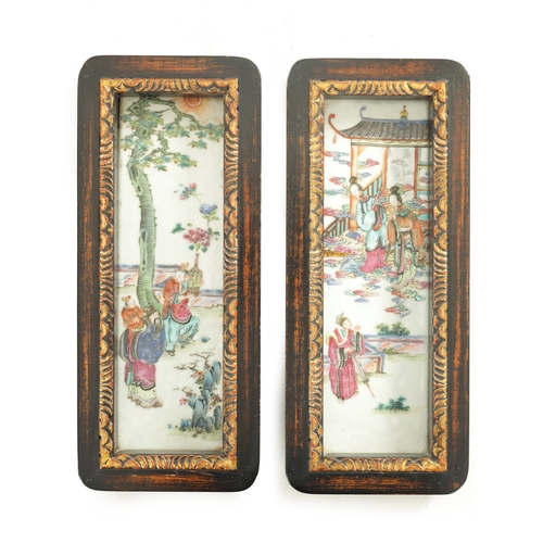 191 - A PAIR OF 19TH CENTURY CANTONESE FAMILLE ROSE HANGING PLAQUES painted in enamel colours with interio... 