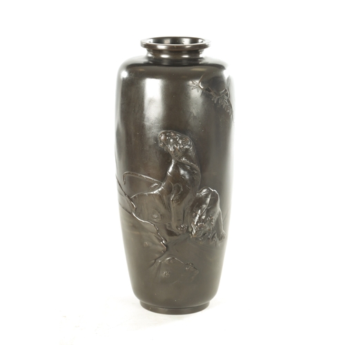 196 - A LARGE MEIJI PERIOD JAPANESE PATINATED BRONZE VASE, the body decorated with two tigers in relief, i... 