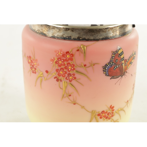 23 - A LATE 19TH CENTURY BURMESE GLASS BISCUIT BARREL with enamelled butterfly and blossoming Japanese br... 