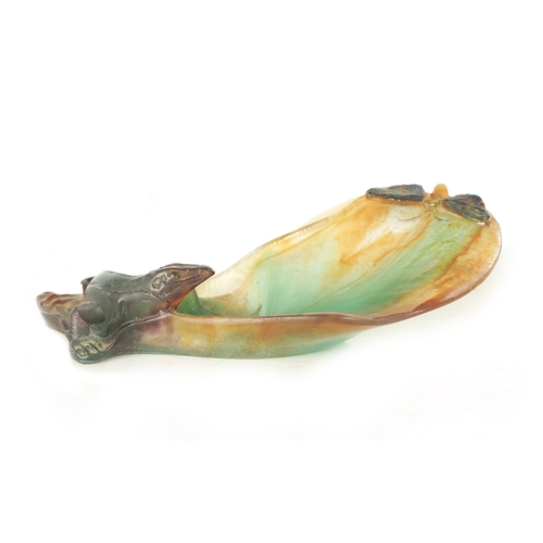 24 - A DAUM, FRANCE ART NOUVEAU PATE DE VERRE SALAMANDER DISH finely modelled with a butterfly to the opp... 