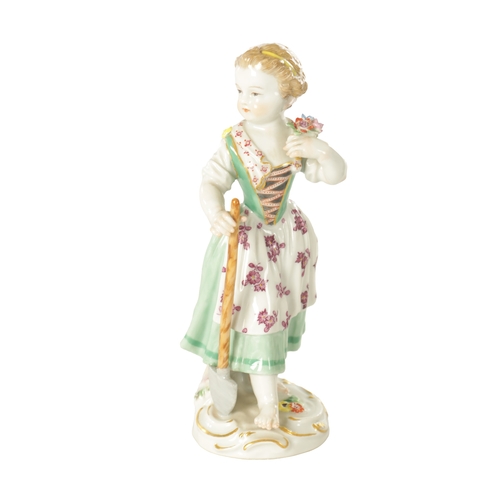 40 - A 19TH CENTURY MEISSEN PORCELAIN FIGURE OF A YOUNG GIRL in a standing pose holding a flower spray an... 