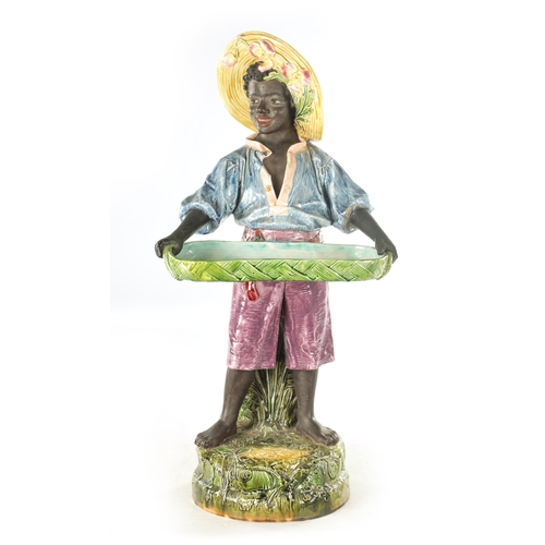 58 - A LARGE EARLY 20TH CENTURY MAJOLICA FIGURAL SCULPTOR modelled as a young lady holding a tray. (76cm ... 