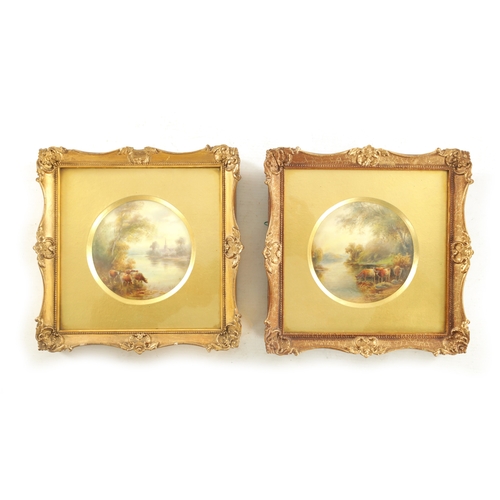 67 - A PAIR OF ROYAL WORCESTER CIRCULAR HANGING PLAQUES BY JOHN STINTON depicting cows watering by a Rive... 